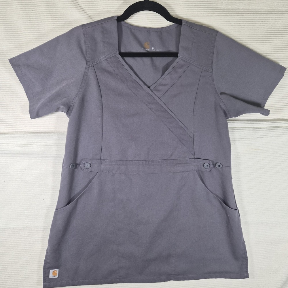 Carhartt Medical Scrub Top Womens Small Gray Wrap V-Neck Short Sleeve Nurse...